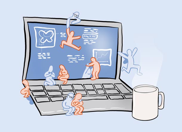 Illustration: Computer med små personer